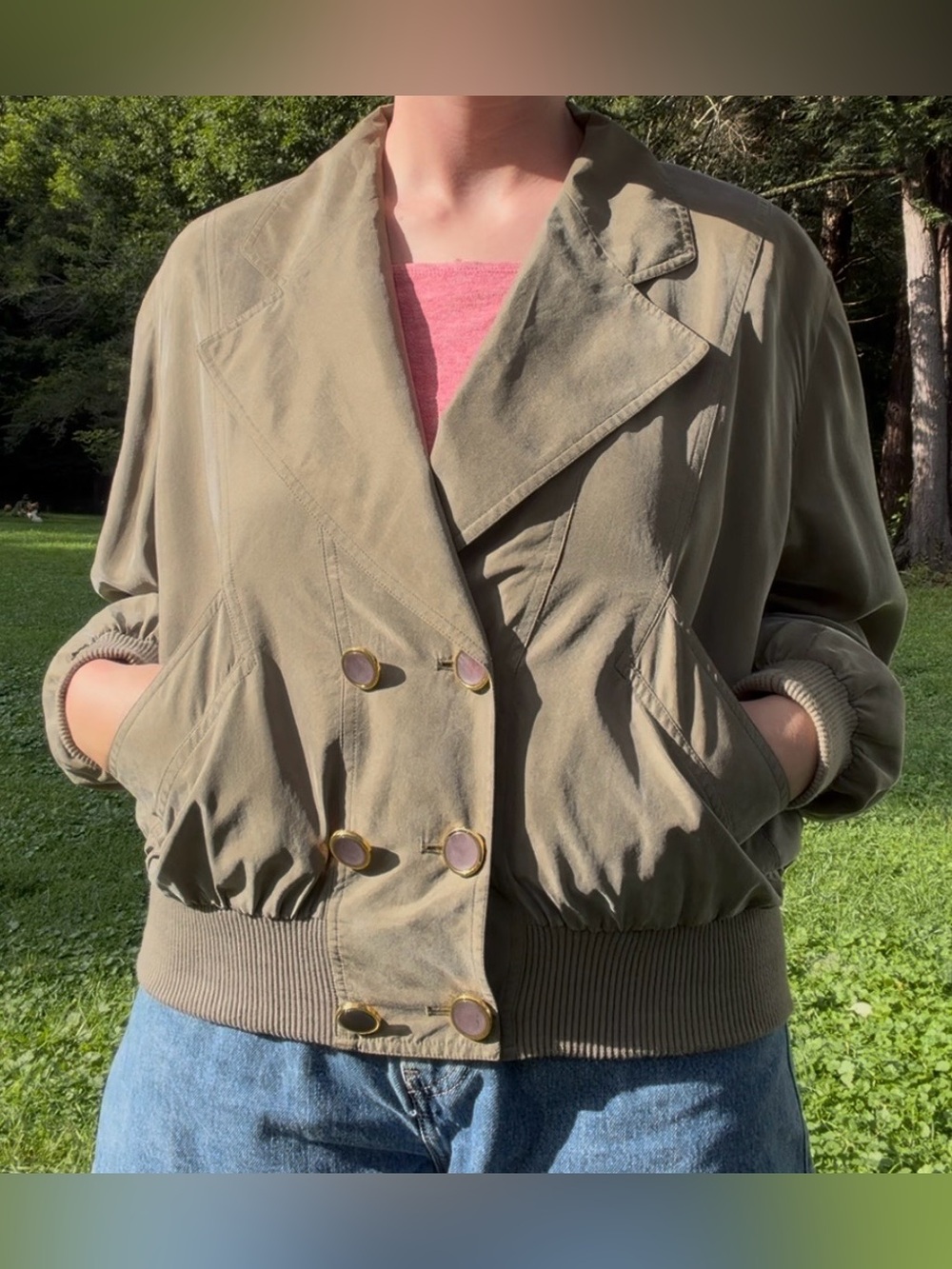 Gerry Weber Olive Green Suede Bomber Jacket with Gold Buttons